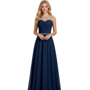 Navy Chiffon Gown 10 Beaded Neckline Waist Illusion Mesh Prom Pageant Elegant